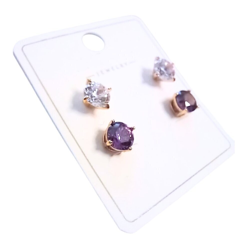 🟣✨Set of 2 Pairs of Earrings – Rose Gold Plated with Amethyst & Clear Crystals